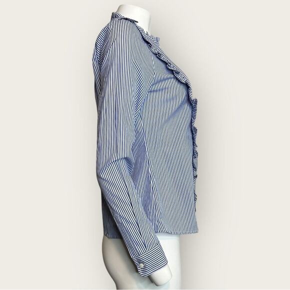 NWOT | Avec Les Filles | Stripe Button-Down Ruffle Top | Blue/White | Small - Picture 4 of 11